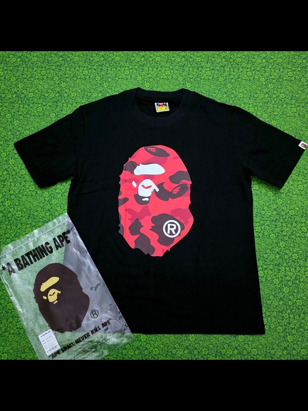 A Bathing Ape Black Short-Sleeve Tee with Red Camo Ape Head